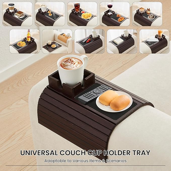 Bamboo Couch Cup Holder, Foldable Sofa Arm Tray, Anti-Slip Couch Aremrest Tray Table for Drink, Cup, Remote, Snacks, Cellphone, Portable, Mahogany