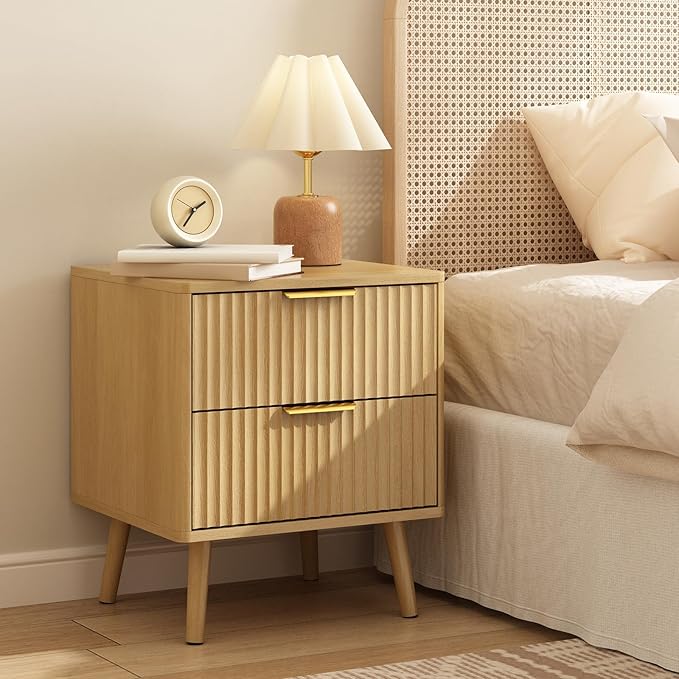 CARPETNAL Fluted Nightstand, Oak Bedside Table with 2 Drawers and Gold Handles, Wood End Table Mid Century Night Stands for Bedroom Living Room