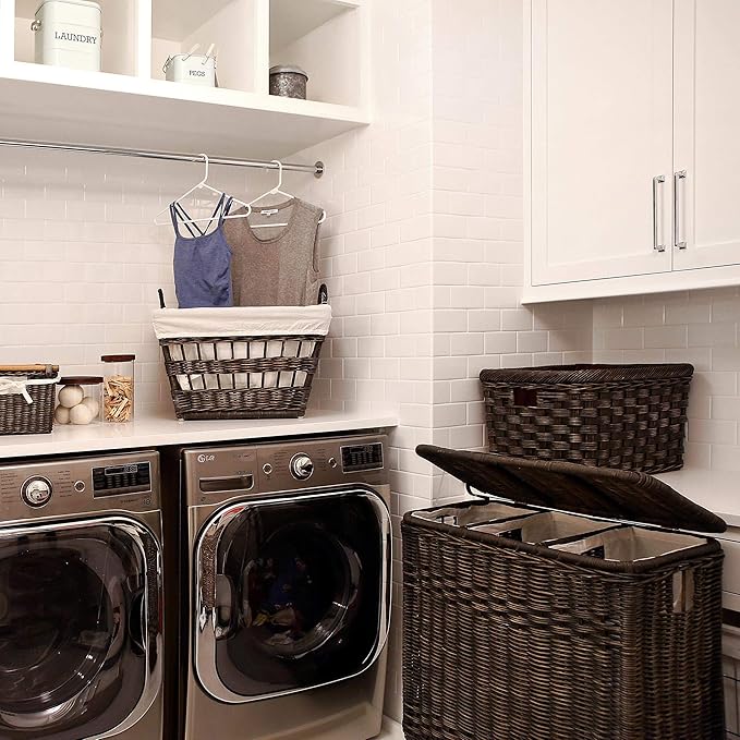 The Basket Lady 3-Compartment Wicker Laundry Sorter Hamper, 30 in L x 15 in W x 28 in H, Antique Walnut Brown