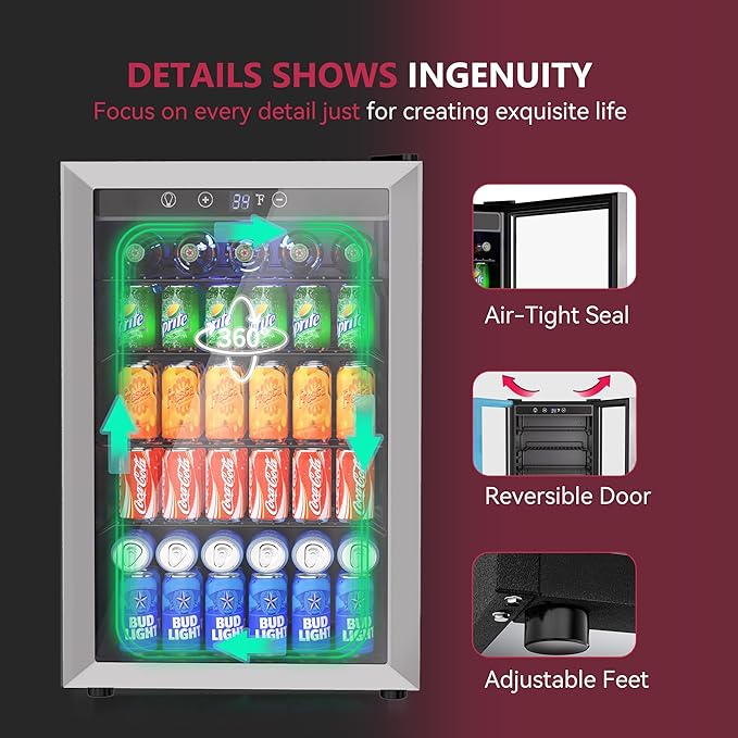 4.5 Cu.ft Beverage Refrigerator Cooler, 145 Can Mini Fridge with Digital Temperature Display for Soda Beer Wine, Freestanding beverage fridge with Adjustable Shelving for Home Office Bar