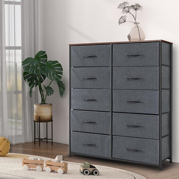 Dresser for Bedroom with 10 Drawers, Chest of Drawers, Storage Drawers Organizer Unit, Grey Wide Fabric Dresser with Fabric Bins for Closet, Living Room, Entryway (Grey and Rustic Brown)