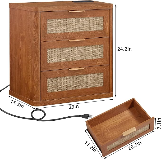 LEYAOYAO Rattan Night Stand Set of 2 with Charger Station, 23" Large 3 Drawer Boho Nightstand, Tea Brown Bedside Table Storage Cabinet, Bed Side End Tables for Bedroom, Living Room, Hallway