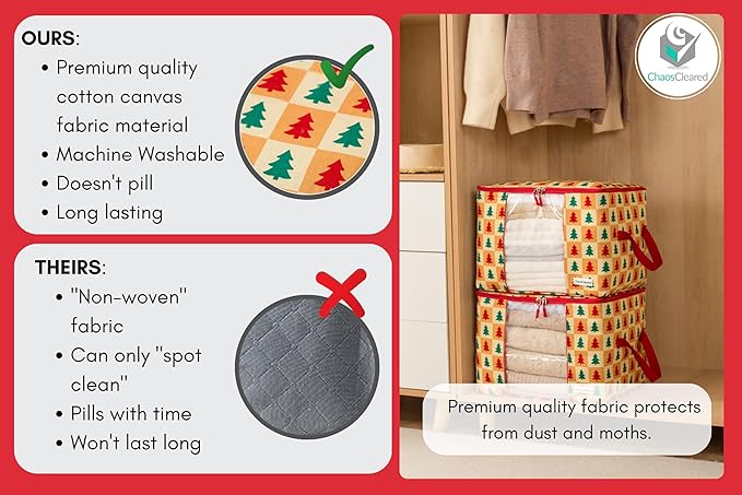 Designer Christmas Canvas Clothing Storage Bags 2 Pack Clothes Organizer bags for sweaters, clothing, garments, quilt, linens, large folding organizers with zip & window, moth proof space saver