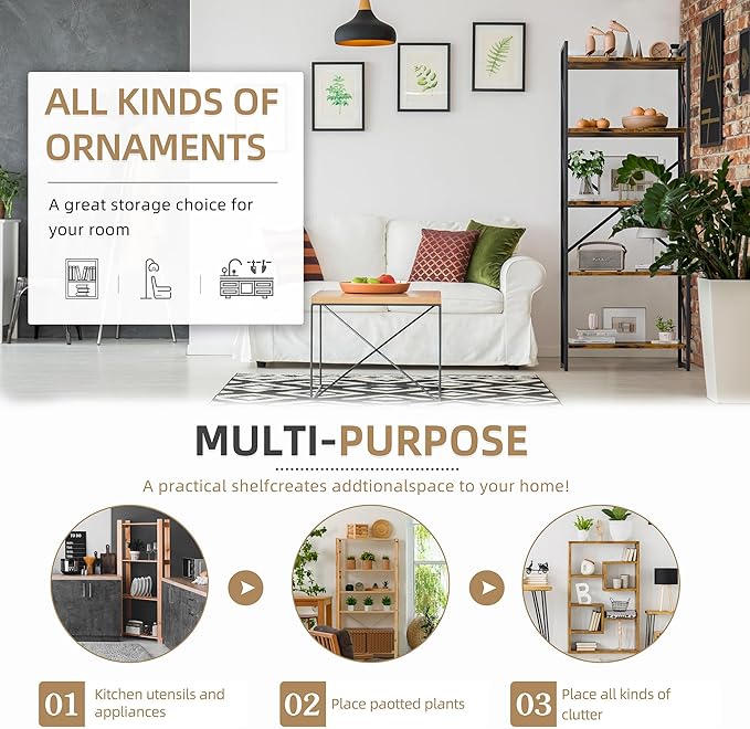 Vongrasig 5 Tier Bookshelf, Modern Tall Bookcase, Industrial Book Shelves Display Standing Shelf, Free Standing Storage Organizer for Bedroom, Living Room, Rustic Brown