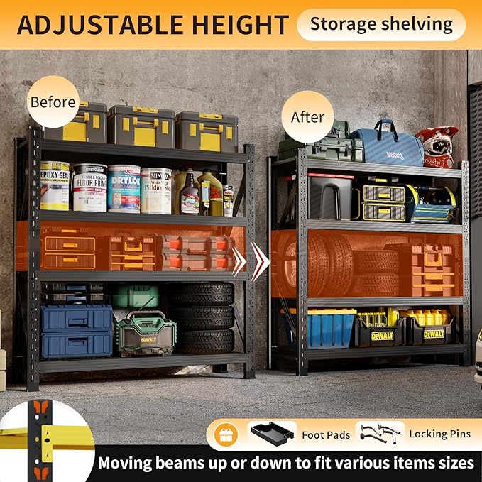 63" H Storage Garage Shelving Unit, 2500LBS Heavy Duty Metal Shelves Organization, Adjustable 4 Tier Utility Storage Shelf Rack for Industrial, Basement, Warehouse (Black, 19.7" D×31.5" W×63" H)