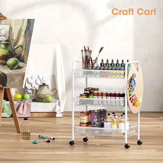 TOOLF 3-Tier Metal Rolling Cart, Mesh Wire Easy Assemble Utility Cart, Storage Trolley on Wheels with 3 Hooks, MetalStorage Shelving Units for Kitchen Bathroom Laundry Room