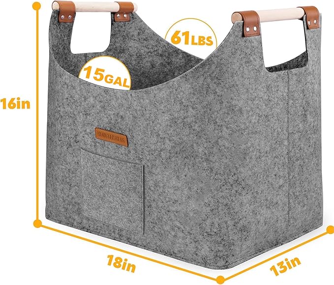 XL 4MM Felt Firewood Carrier | Log Carrier for Firewood | Wood Container with Extra Thick Felt Foldable & Reinforced Handle | Storage Basket for Shopping, Firewood, Logs, Newspaper (MEDIUM GRAY)