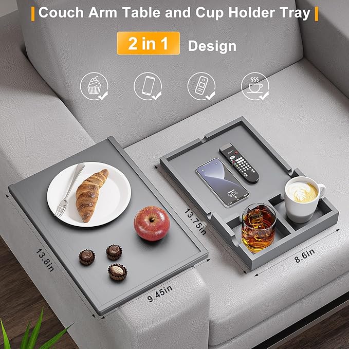 Couch Cup Holder Tray - 2 in 1 Couch Armrest Table with Be Slide-Away Detachable Double Holder - Sofa Armchair Caddy for Drinking Snacks iPad TV Remote (Gray)