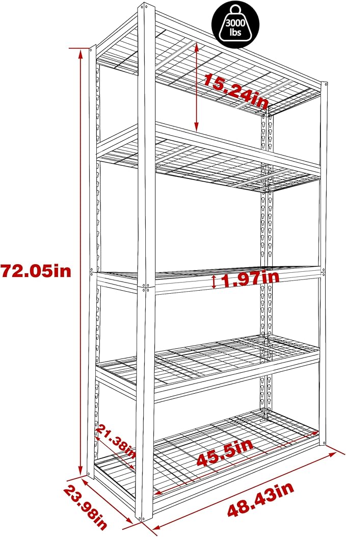 BlueWish Heavy Duty Adjustable Shelves, 24’’x48’’x72’’ Tool Utility Shelves Metal Garage Shelving Unit, 5-Tier Utility Storage Organizer Racks 3000LBS Utility Racks for Industrial