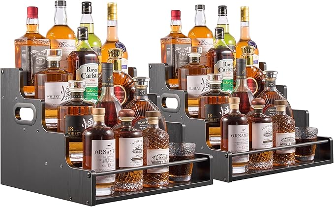 2 Pack 4-Tier Liquor Bottle Display Shelf, 16-Inch Wooden Bar Shelves for Liquor Bottles, Countertop Whiskey Shelf and Bourbon Shelf Organizer for Home Bar, Kitchen（Black）