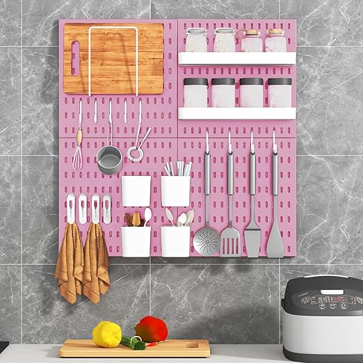 Peg Board Combination Kit, 4 Pegboards with 20 Accessories, Pegboard Wall Organizer for Office, Nursery & Home Storage, Key Holder, 25.6"x25.6" – Nail-Free Installation（Pink）