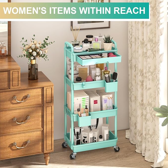 Goovilla 4 Tier Rolling Utility Cart Organizer with Removable Drawer, Stable and Sturdy Blue Rolling Storage Carts with 2 Lockable Wheels for Bathroom, Kitchen, Snack, Craft, Makeup, Baby Essentials