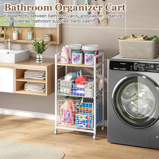 3 Tier Laundry Room Cart with Pull-Out Baskets, Utility Cart Rolling Storage Cart with Wheels Bathroom Organizers Storage Shelf with Wood Top Laundry Room Organization and Storage, White