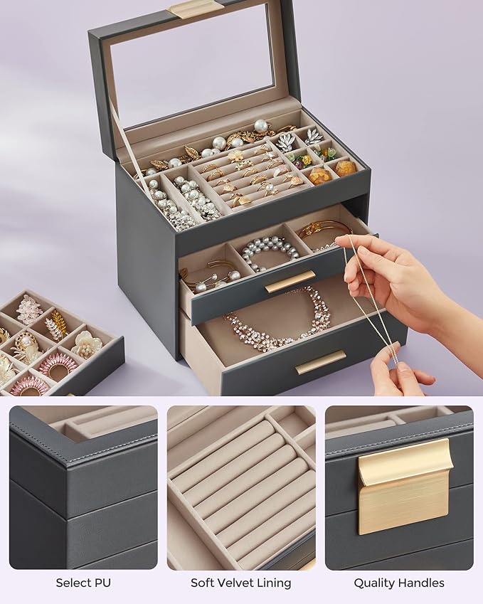 SONGMICS Jewelry Box Organizer with Glass Lid, 4-Layer Jewelry Storage, with 3 Drawers, Modern Style, Christmas Gift, 6 x 9.9 x 8.5 Inches, Gray and Gold Color UJBC161C01
