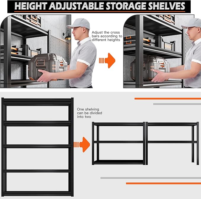 REIBII Garage Shelving Heavy Duty 2500LBS Storage Shelves 40" W Garage Shelves Heavy Duty Shelving Metal Shelves for Warehouse, Basement, Pantry, 40" W x 17.7" D x 72.2" H, 2Pack