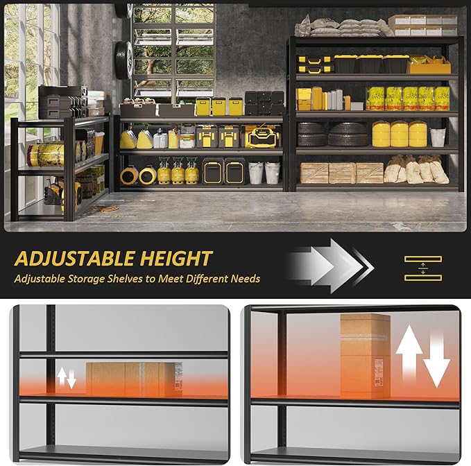 60" W Garage Shelving Heavy Duty,5 Tier Storage Shelves,3030LBS Adjustable Shelf Unit, Metal Garage Shelving for Warehouse Industrial Basement, 72" H × 60" W × 24" D, Black