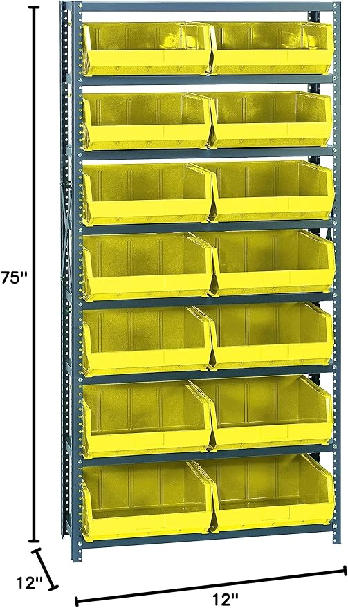 Quantum Storage Systems QSBU-250YL Giant Open Hopper Steel Shelving System, 12" D x 36" W x 75" H, with 8 Shelves and 14 QUS250 Bins, Yellow