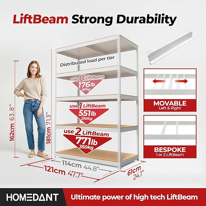 HOMEDANT 5 Tier Storage Shelves Adjustable Laminated Boltless Garage Metal Shelving Unit Heavy Duty Utility Rack Shelf Warehouse Pantry Closet Kitchen (3, (XL Deep) 48.1" W, White)