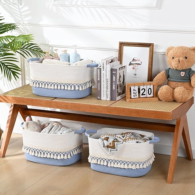 2 Pack Storage Basket, Heavy Tassel Woven Baskets for Storage, Boho Cotton Rope Storage Bin, Cube Organizer Bins, Baby Laundry Basket for Clothes, Toys, Diapers, Pets（White & Blue）