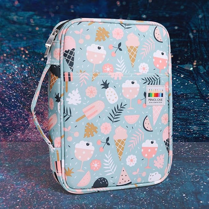 JAKAGO 220 Slots Colored Pencil Case Large Capacity Pen Holder for Artist Painter Zipper Organizer Bag for Marker Highlighter Storage Case for Office Sketch Travel Supplies (Ice Cream)