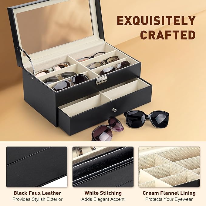 CO-Z Sunglasses Organizer with 12 Slots, Multiple Eyeglasses Eyewear Display Case for Women Men, 2 Story Leather Multi Sunglasses Jewelry Collection Holder with Drawer