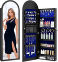 47in Tall Jewelry Cabinet Organizer, Arched Wall or Door Mounted Jewelry Armoire with Full-Length Mirror, 6 LEDS Lockable Hanging Mirror Cabinet with Storage, 2 Drawers, Women Girls Gifts,Black