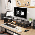 Artswish Adjustable Monitor Riser Stand with Power Outlet & Light Strip, Expand to 45 Inch, Computer Desk Shelf with Sliding Door, Desk Organization for Office, Gaming Room, with Storage, Black