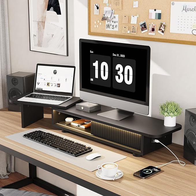 Artswish Adjustable Monitor Riser Stand with Power Outlet & Light Strip, Expand to 45 Inch, Computer Desk Shelf with Sliding Door, Desk Organization for Office, Gaming Room, with Storage, Black