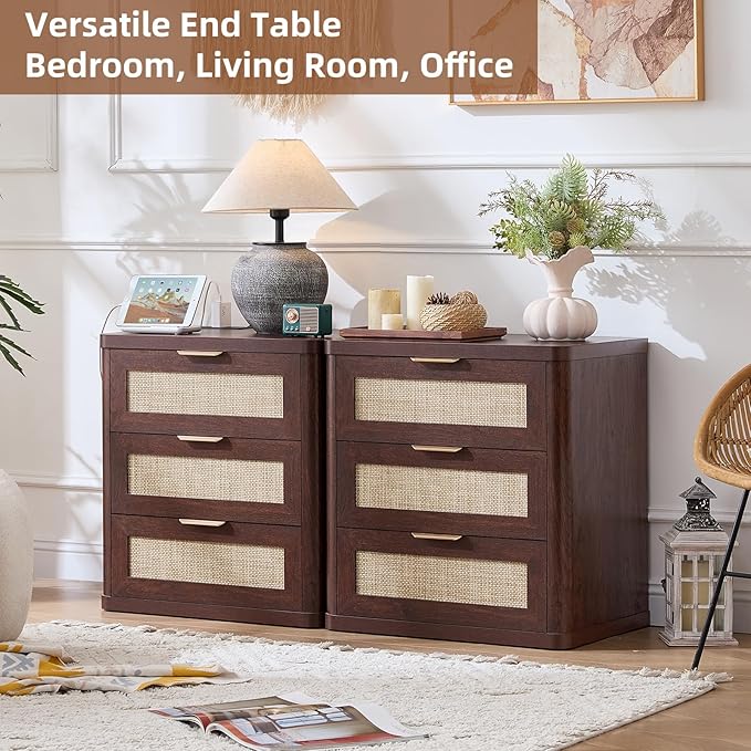 LEYAOYAO Rattan Night Stand with Charger Station, 23" Large 3 Drawer Boho Nightstand, Walnut Bedside Table Storage Cabinet, Bed Side End Tables for Bedroom, Living Room, Hallway