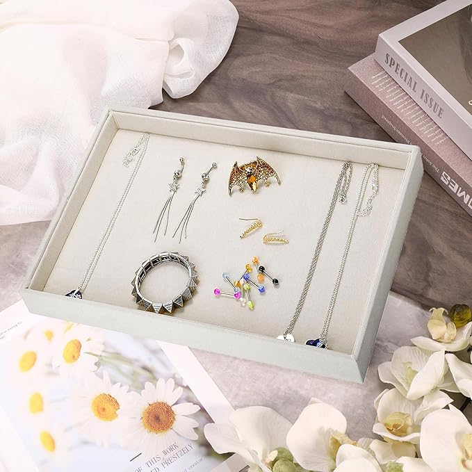 Mornajina 13.8" x 9.5" Velvet Jewelry Tray Jewelry Display Tray Flat Tray, Stackable Empty Plate Trays for Earrings Necklaces Bracelet Rings Display Showcase - Beige
