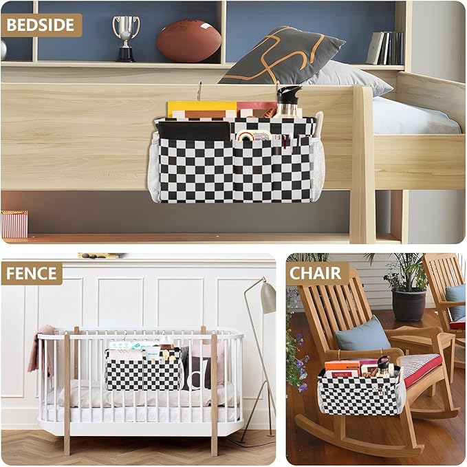 Checkered Black Bedside Caddy for Dorm Bed Bedside Hanging Caddy Bag Iron Frame Storage Organizer Pocket for Bunk Home College Hospital Beds 2 Hooks