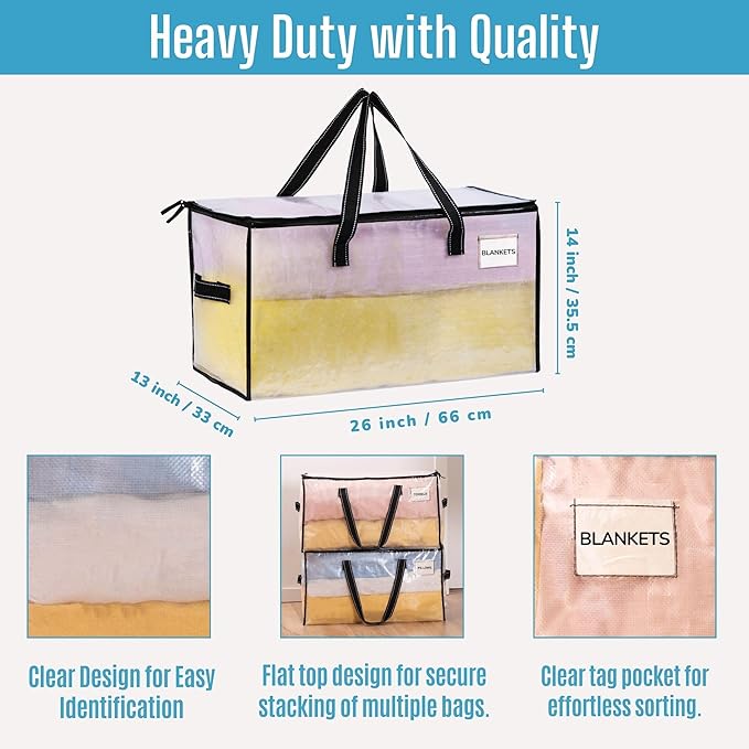 VENO 10 Pack Moving Bags, Comforter and Blanket Storage Bags for Closet, Moving Boxes, Boxes with Lids Alternative, College Dorm Packing Supplies, Foldable Heavy-Duty Tote (Clear, 10 Pack)