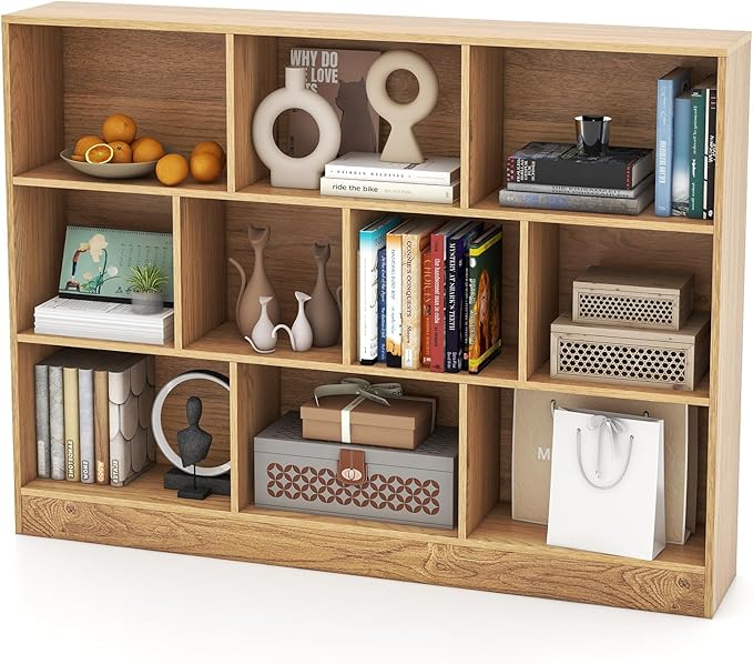 Giantex 10 Cube Bookcase, 4-Tier Freestanding Bookshelf w/ 10 Open Compartments, 2 Anti-Tipping Kits, Modern Display Cabinet, 41" Wood Cubby Storage Organizer for Living Room, Bedroom, Natural