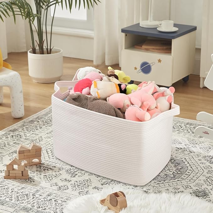 95L Extra Large Blanket Basket, 24" x 16.9" x 14.2" Woven Storage Basket for Living Room, Rectangle Nursery Blanket Storage for Toys, Towels, Dirty Clothes (White)