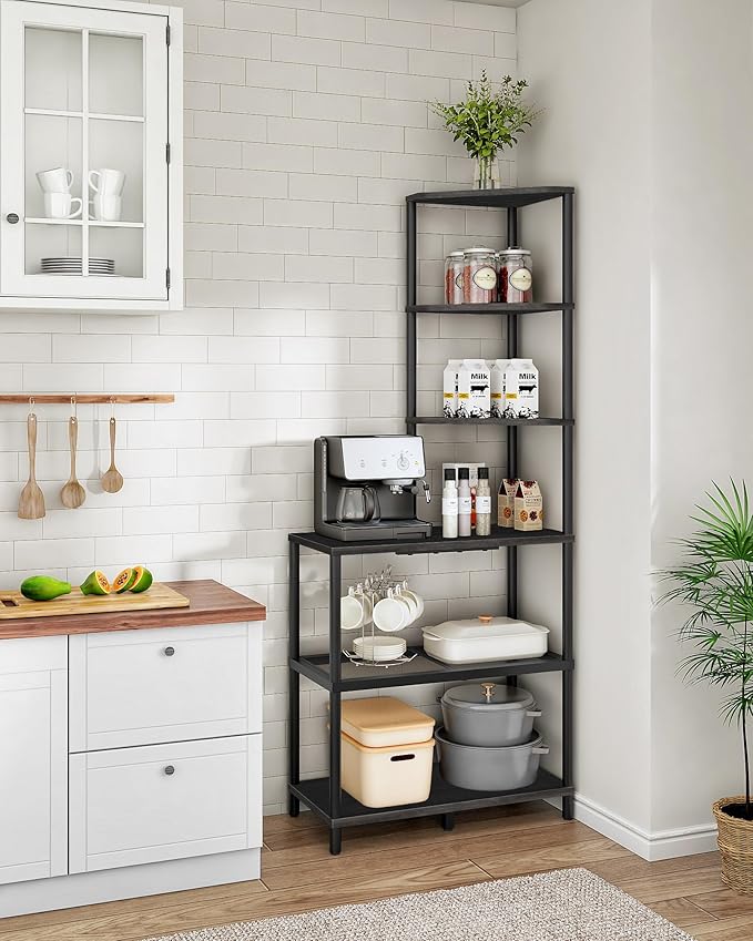 6-Tier Corner Shelf, Industrial Corner Bookshelf with Desk Top, Diamond-Shaped Storage Shelves, Display Stand for Small Spaces, Living Room, Home Office, Foyer, Black TCJ70BB