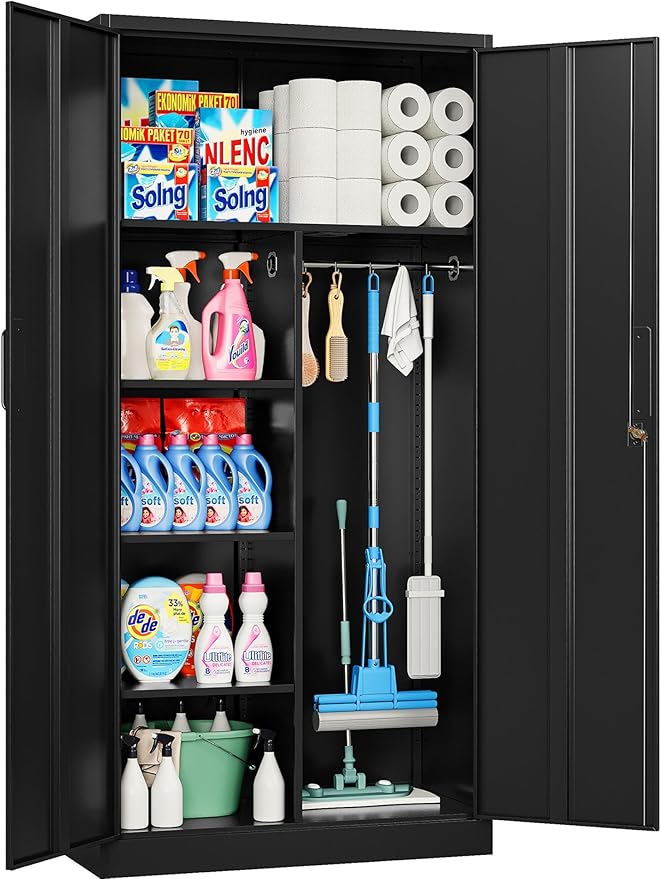 Wide & Deep Metal Storage Cabinet with Hanging Rod,Black Broom Closet Storage Cabinet with Lock,72" Tall Wardrobe Cabinets with Doors and Shelves,Locking Steel Tool Cabinets for Home,Office,Garage