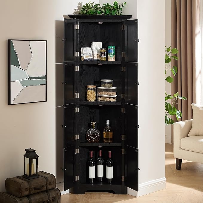 72" H Farmhouse Corner Storage Cabinet with 8 Doors & 4 Shelves, 4 Tier Kitchen Corner Pantry Cabinet Wooden Organizer Case Bookshelf, Home Space Saver Cabinet for Kitchen,Living Room(Black)