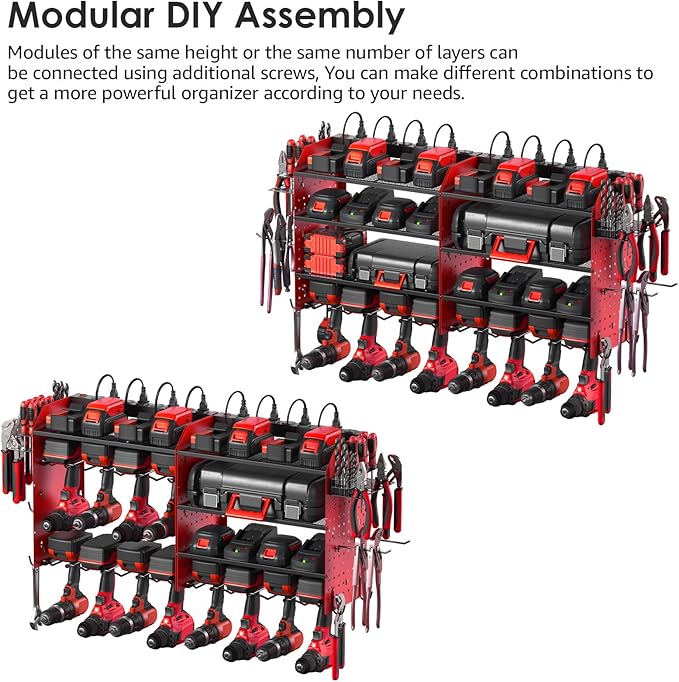 CCCEI Modular Pegboard Rack Power Tool Organizer with Charging Station. 4 Layer Wall Mount Drill Holder, Red Tool Battery Charger Organizer. Garage Shop Storage Utility Shelf with Power Strip.