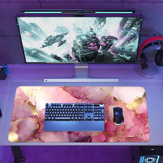 Pink Marble Ink Mouse Pad – Large Extended Desk Mat 35.43 x 15.75 in – Elegant Watercolor Gold Foil Design, Waterproof Surface, Non-Slip Rubber Base, Keyboard & Mouse Pad for Office or Gaming