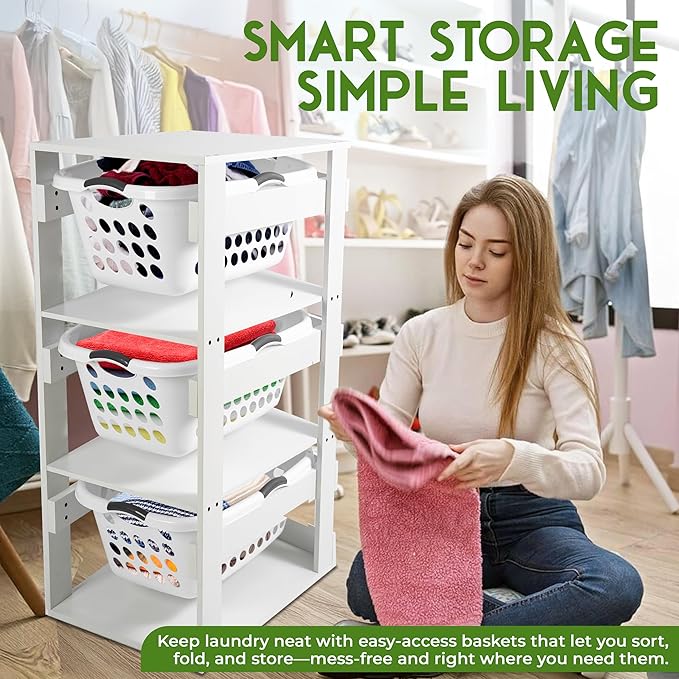 Laundry Basket Holder Shelf – Stackable Engineered Wood Laundry Tower, Tiered Hamper Organizer for Bathroom, Bedroom, Closet (White, 3 Tier)