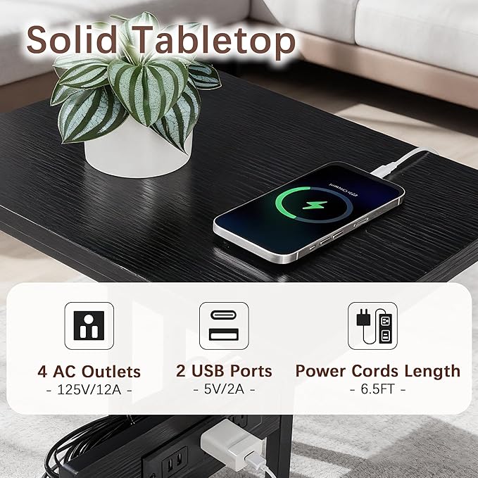 VECELO C Shaped End Side Table with Charging Station & Power Outlets for Couch Sofa/Bed, Snack TV Tray with Metal Frame for Living Room Bedroom 2 PCS, Black