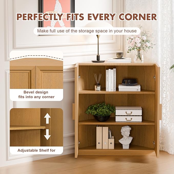 Casaphoria Farmhouse Corner Cabinet, Wooden Corner Storage Cabinet with Adjustable Shelves, Narrow Storage Organizer for Small Space, 36" H x 31" W x 16" D, 51Lb, Oak