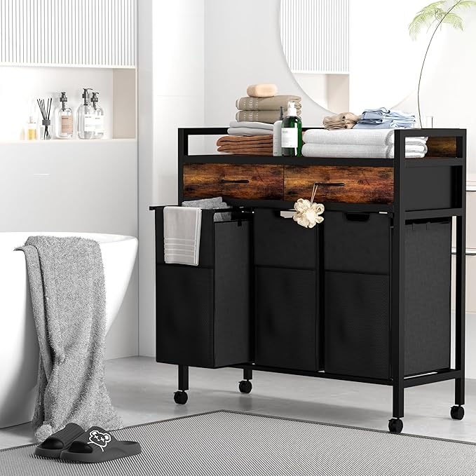Laundry Sorter 3 Section,144L Hamper with Non-Woven Drawers,360° Rolling Laundry Basket,Pull-Out and Removable Oxford Fabric Laundry Bags,Rustic Brown and Black