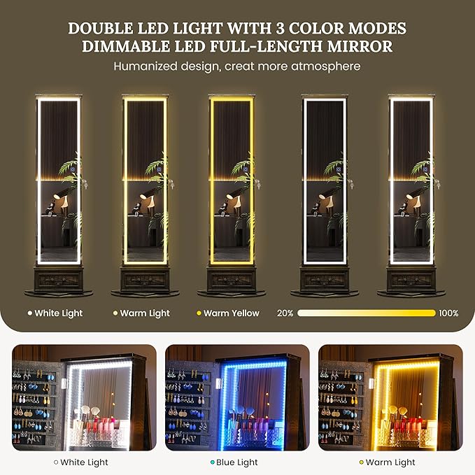 LVSOMT LED Mirror Jewelry Cabinet Standing, 360°Swivel Jewelry Armoire with Full Length Mirror, Mirror with Jewelry Storage and Large Wooden Drawer for Christmas Gifts (Rustic Grey)