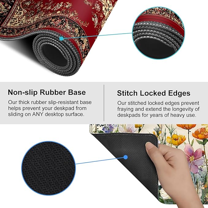 Red Vintage Persian Rug Mouse Pad – Large Extended Desk Mat 35.43 x 15.75 in – Oriental Carpet Design, Non-Slip Rubber Base, Waterproof Surface, Keyboard & Mouse Pad for Office, Gaming, Home