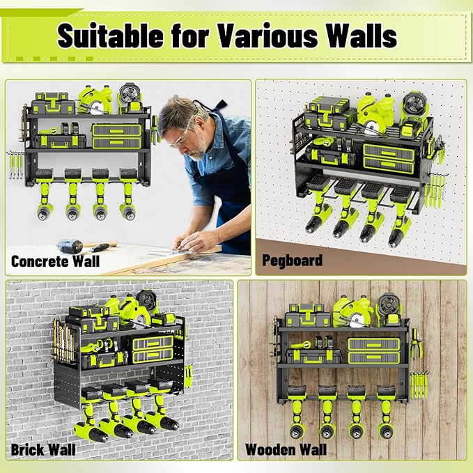 Power Tool Organizer Wall Mount, Drill Holder tool storage with Hooks & Screwdriver Organizer, Heavy Duty Iron 3 Layers Garage Storage Shelf for Workshop Shed Pegboard Basement(Black)