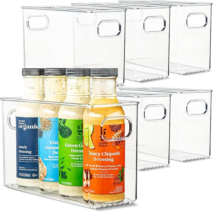 primebox Plastic Food Storage 6 Pack Clear Container Bin with Handles for Organizing Kitchen, Pantry, Refrigerator, Freezer, Pantry, Cabinet, Closet, Bathroom. 10”x4”x6”