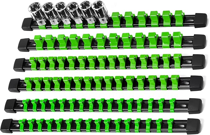 Socket Organizer Drive ABS Tools - Green Socket Holder, Premium Quality 6 Pieces Socket Holders Kit 1/4-Inch x 32 Clips, 3/8-Inch x 30 Clips, 1/2-Inch x 24 Clips（6PC,Green)