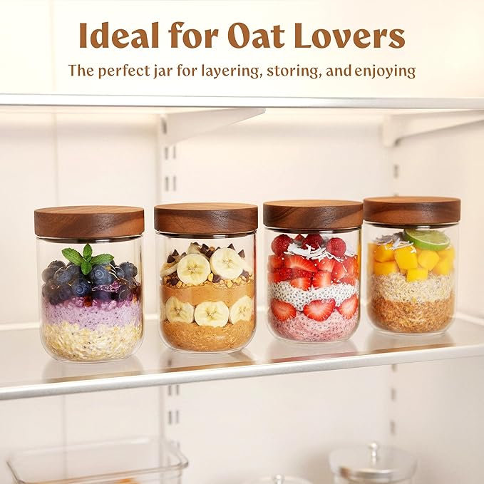 Overnight Oats Containers with Lids Acacia (4 x 16oz) Glass Jars for Oatmeal, Meal Prep, Food Storage | Leak-Proof Mason Jars for Oats, Cereal, Yogurt, Chia Pudding [Thicker Glass 3mm]