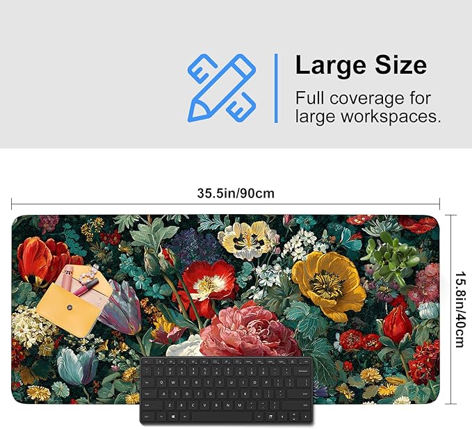 Vintage Oil Painting Floral Mouse Pad – Large Extended Desk Mat 35.43 x 15.75 in – Baroque Style Botanical Design,Oversized Mouse & Keyboard Pad for Art Lovers